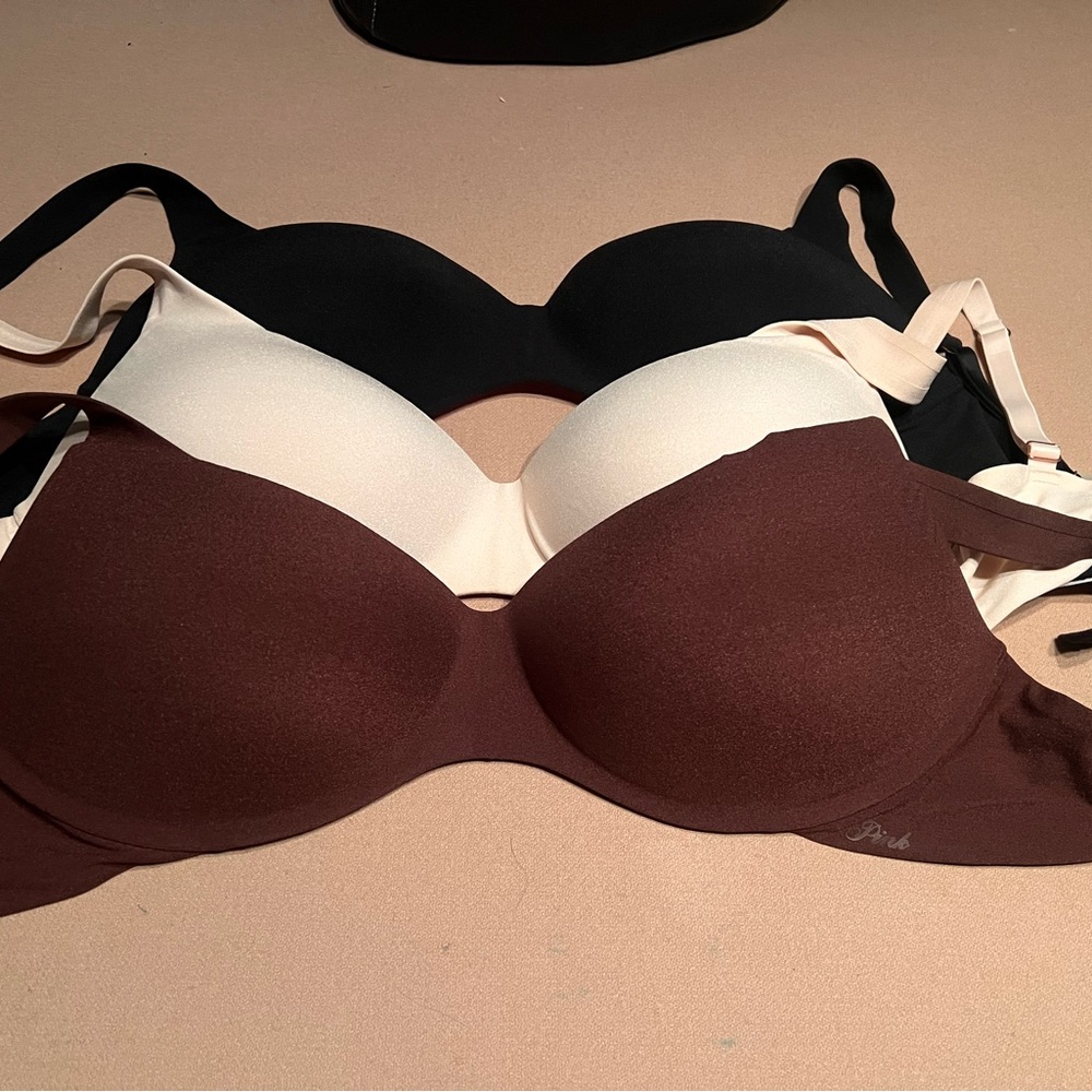 PINK Victorias Secret Women's Black, Cream, and Brown Bra Set